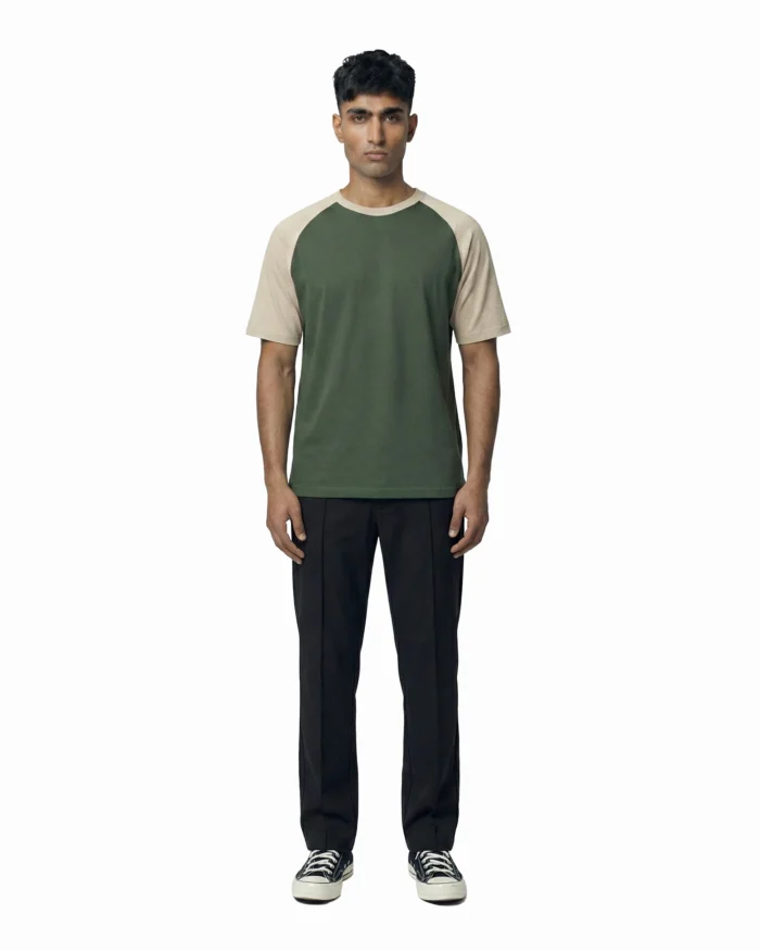 Drop Shoulder Raglan T-Shirt – Green & Beige - Image 6