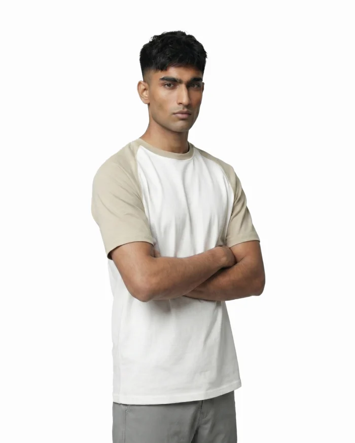 Drop Shoulder Raglan T-Shirt – White & Beige - Image 2