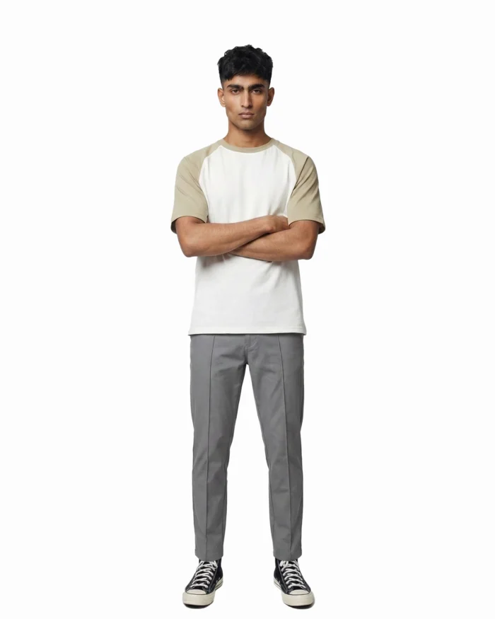 Drop Shoulder Raglan T-Shirt – White & Beige - Image 3