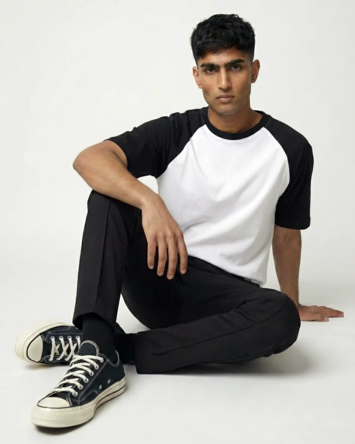 Drop Shoulder Raglan T-Shirt – White & Black - Image 2