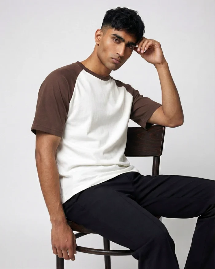 Drop Shoulder Raglan T-Shirt – White & Coffee - Image 5
