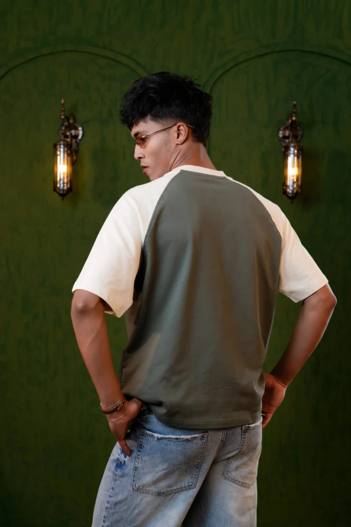 Drop Shoulder Raglan T-Shirt – Green & Beige - Image 3