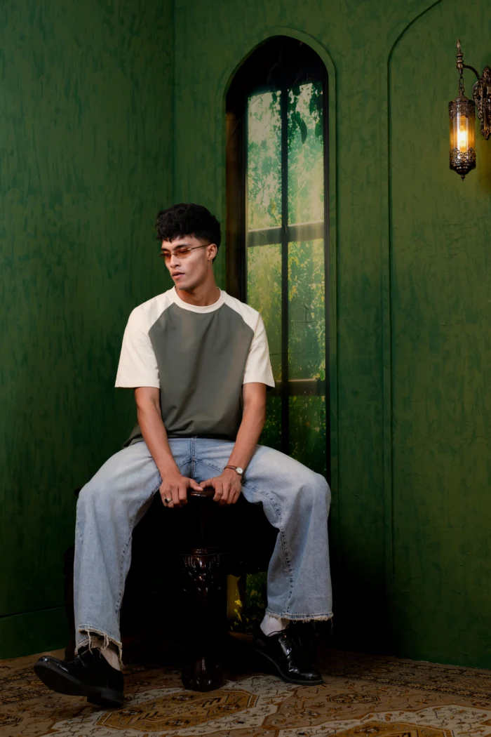 Drop Shoulder Raglan T-Shirt – Green & Beige - Image 2